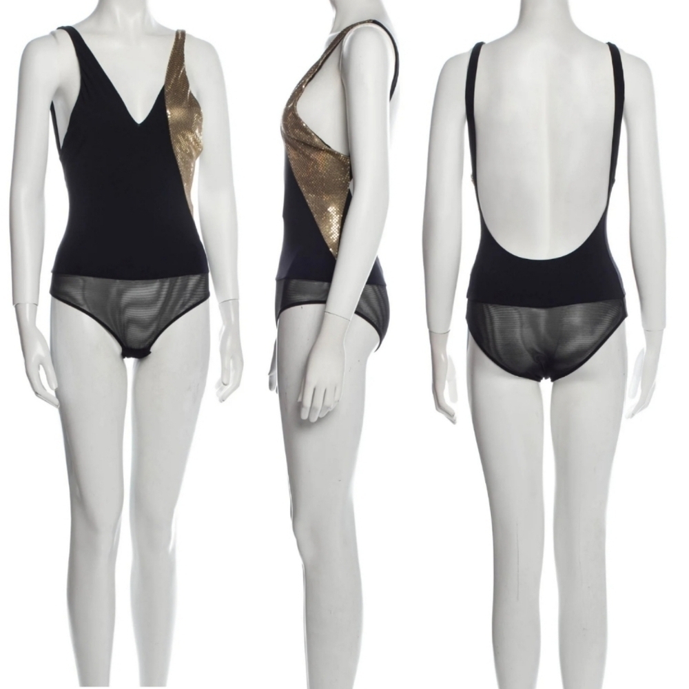 New Ralph Lauren Purple Label Collection Sequin Black/Gold Bodysuit/Top NWT XS